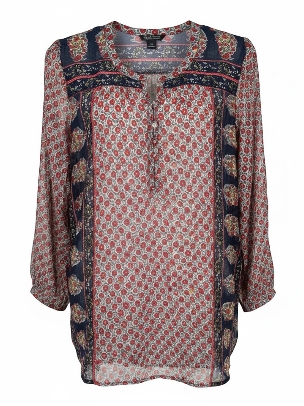 Lucky Brand Women's 2X Navy Red Floral Paisley Sheer Chiffon Tunic Blouse Top